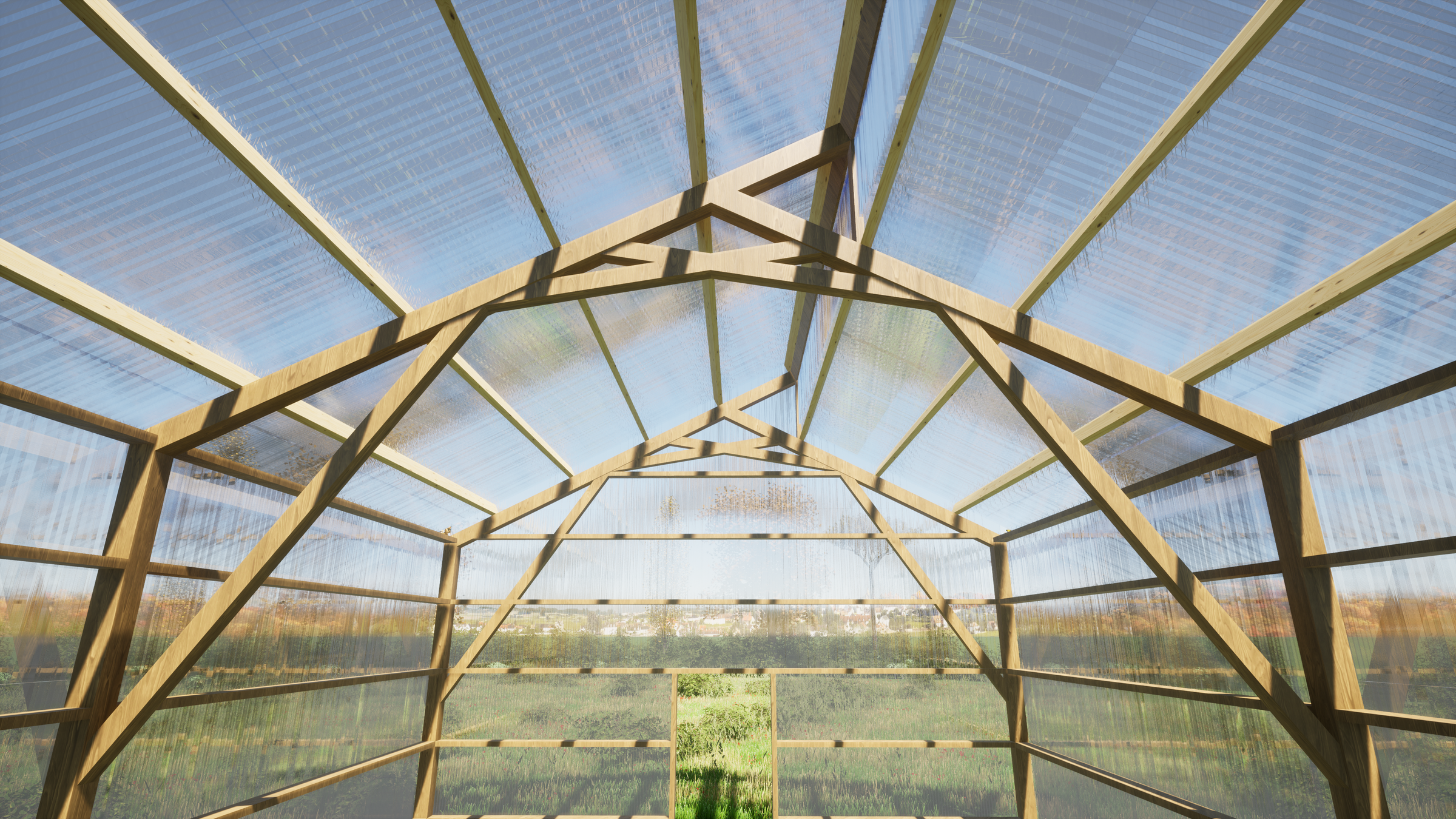 Sharing Farm — Vue intérieure de la structure en bois